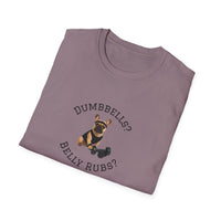 Folded purple t-shirt with a dog graphic and text on a white background
