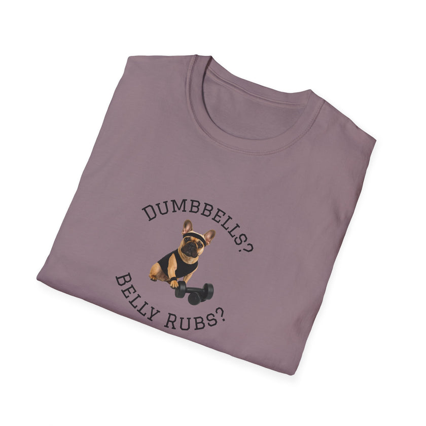 Folded purple t-shirt with a dog graphic and text on a white background