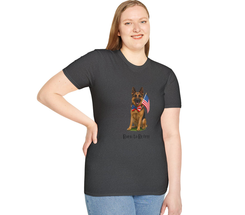 Dark Heather t-shirt featuring a patriotic German Shepherd wearing an American flag bowtie and holding U.S. flags, with the phrase "Born to Be Free" printed below — perfect for dog lovers and patriotic Americans.