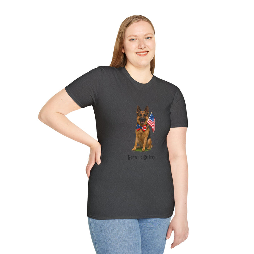 Dark Heather t-shirt featuring a patriotic German Shepherd wearing an American flag bowtie and holding U.S. flags, with the phrase "Born to Be Free" printed below — perfect for dog lovers and patriotic Americans.
