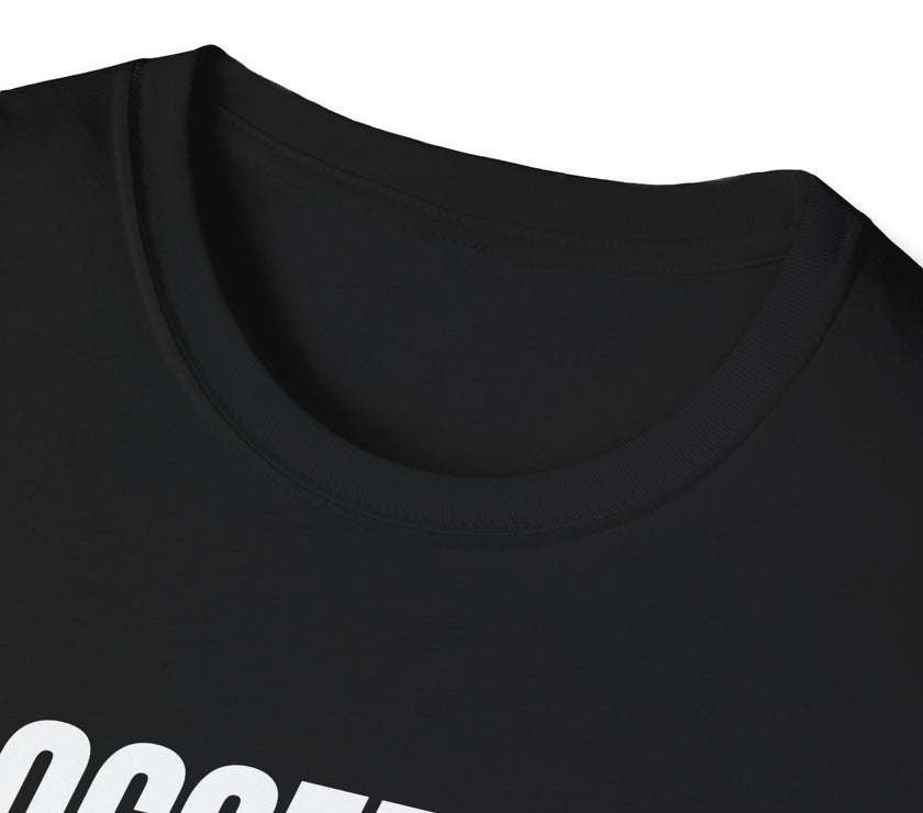 Black t-shirt with white text on a white background