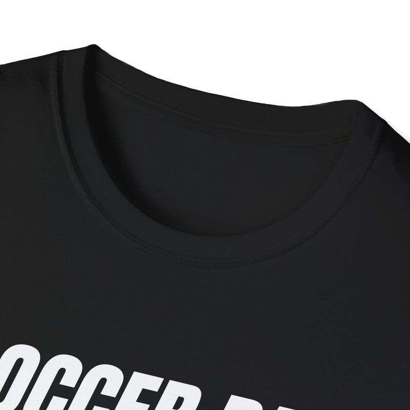 Black t-shirt with white text on a white background