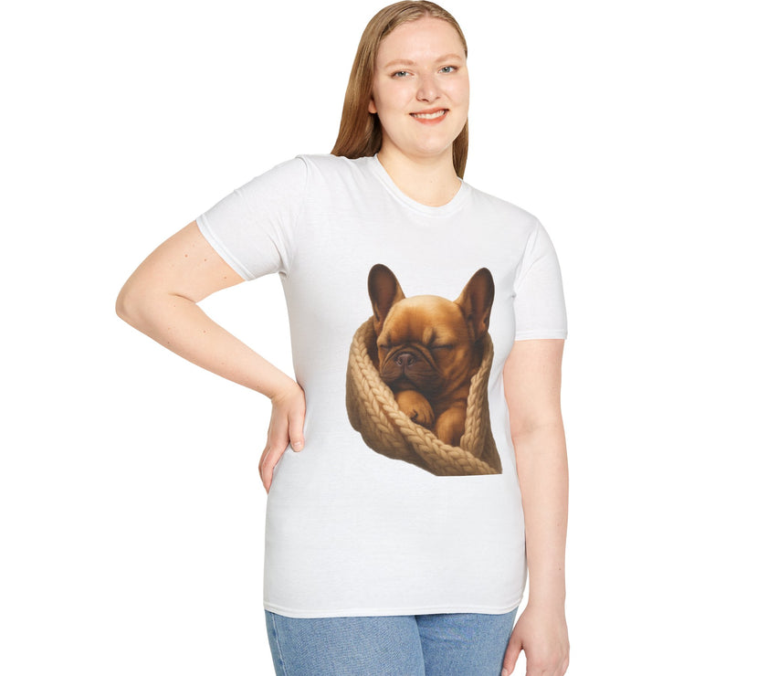 Person wearing a white t-shirt with a dog graphic on a white background