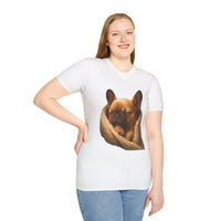 Person wearing a white t-shirt with a dog graphic on a white background