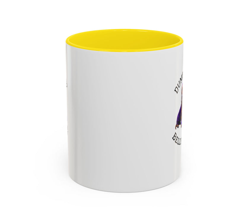 Two tone ceramic mug featuring a dachshund next to dumbbells and the humorous text 'Dumbbells? Belly Rubs?', designed for dog lovers and fitness enthusiasts.