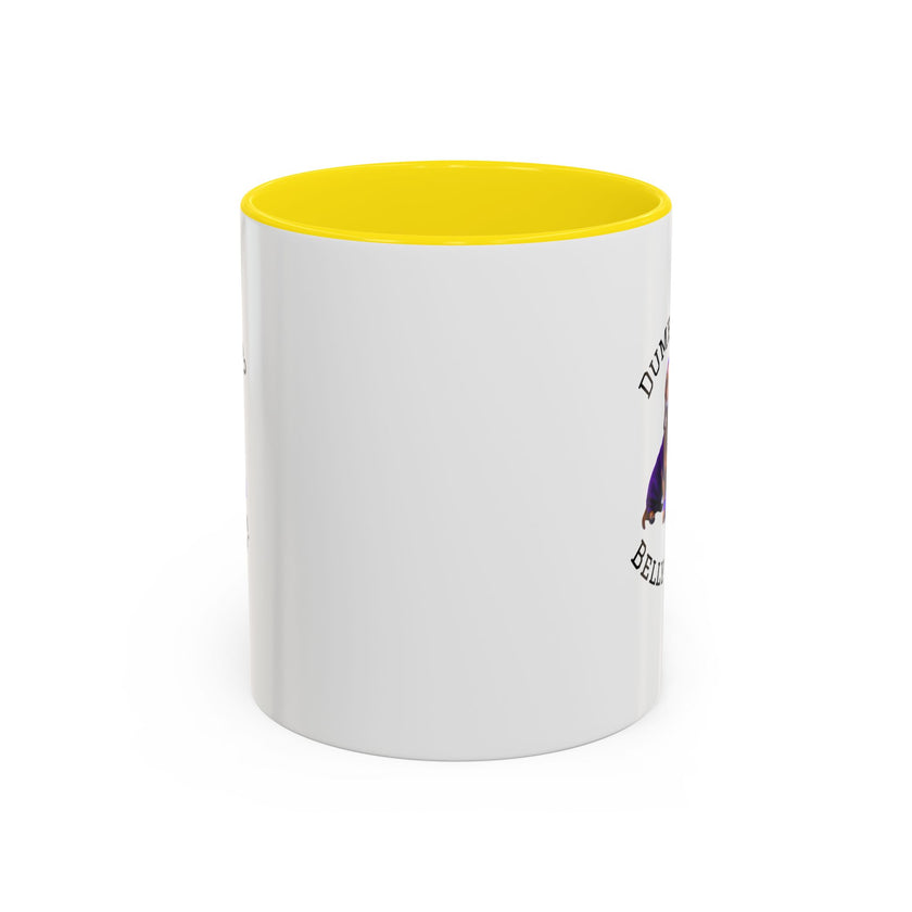 Two tone ceramic mug featuring a dachshund next to dumbbells and the humorous text 'Dumbbells? Belly Rubs?', designed for dog lovers and fitness enthusiasts.