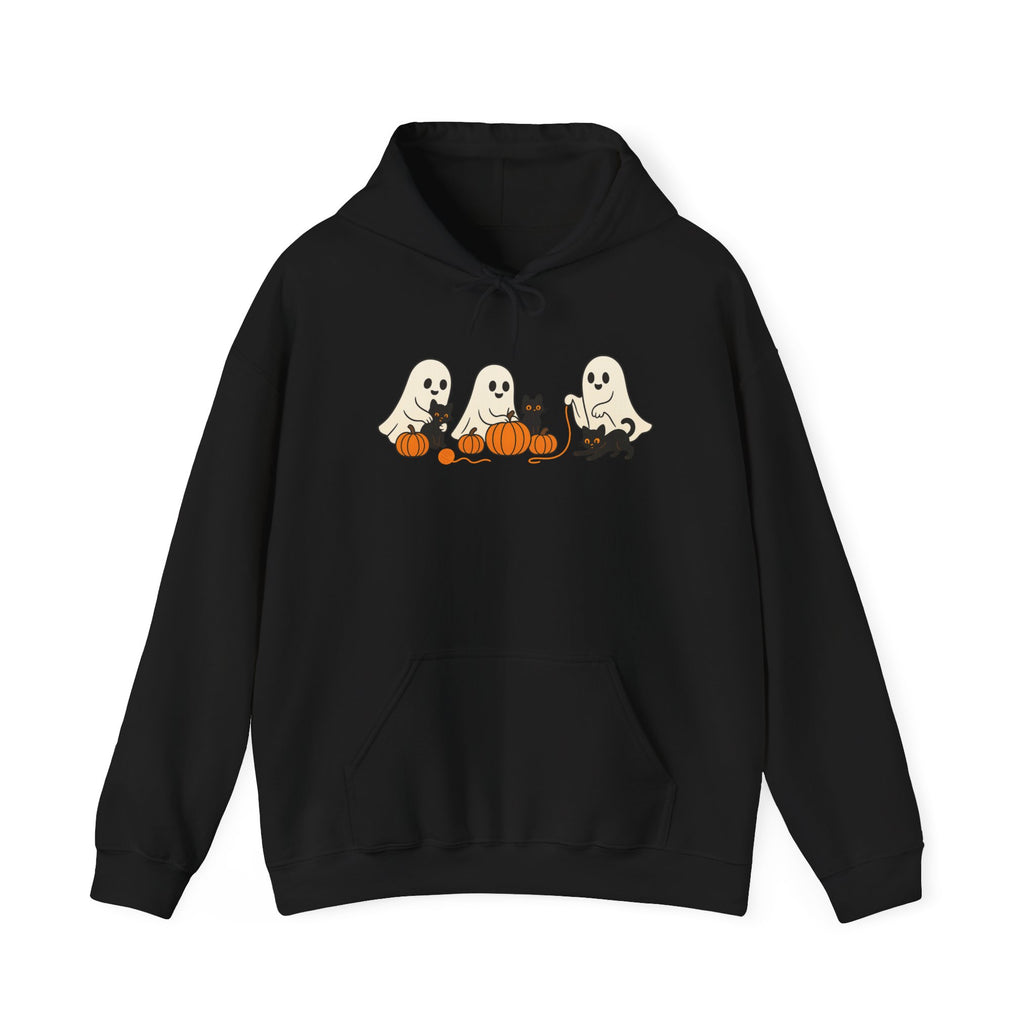 Black hoodie with ghost and pumpkin design on a white background