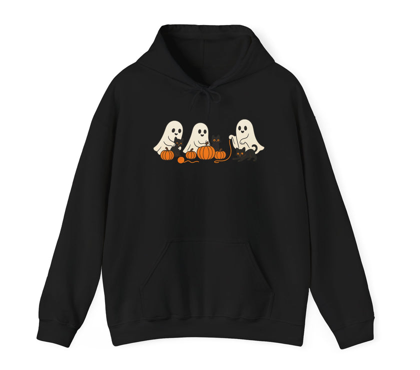 Black hoodie with ghost and pumpkin design on a white background