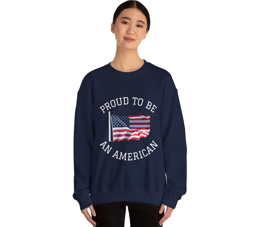 Person wearing a navy blue sweatshirt with an American flag and text on a white background