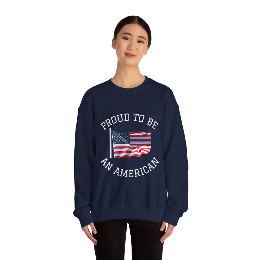 Person wearing a navy blue sweatshirt with an American flag and text on a white background