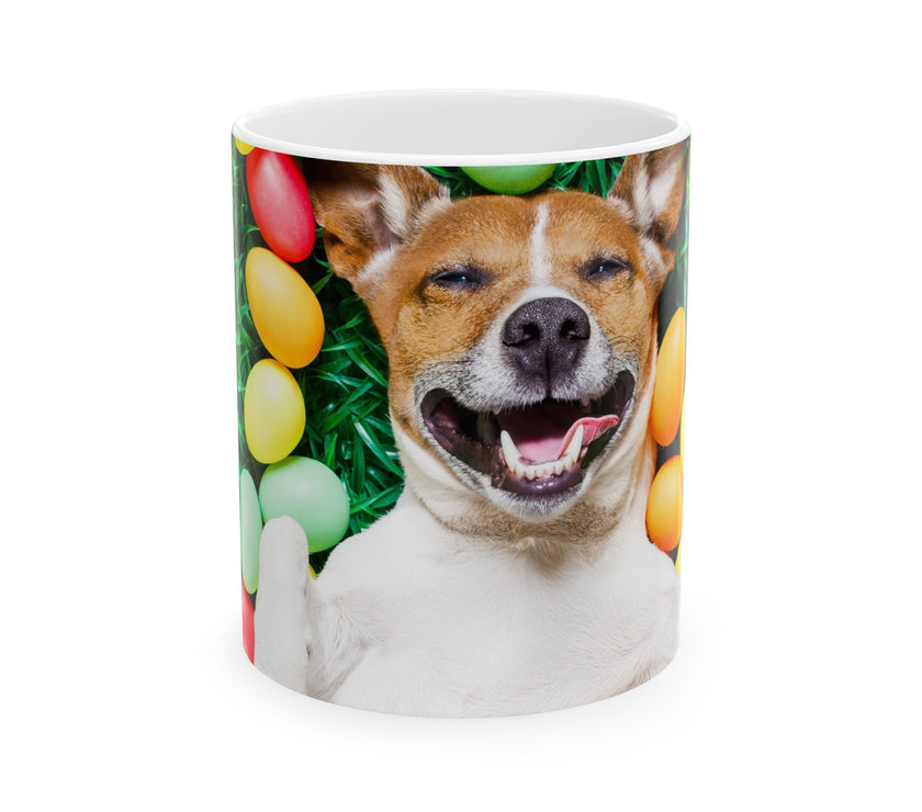 Easter Delight Ceramic Mug- Playful pup with colorful Easter eggs