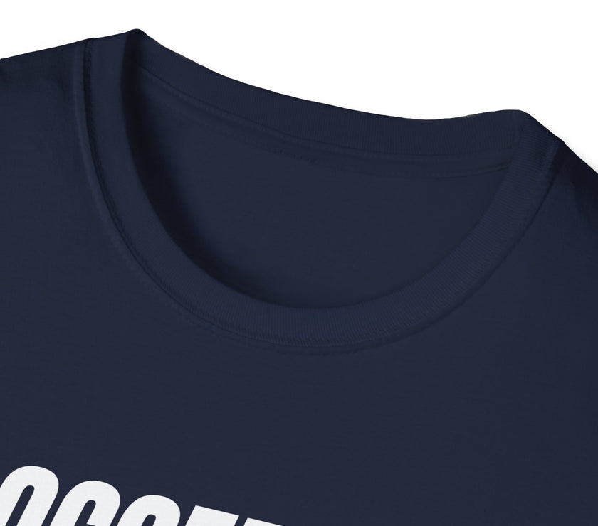 Navy blue t-shirt with white text on a white background
