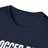 Navy blue t-shirt with white text on a white background