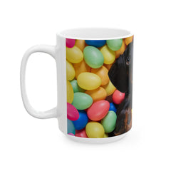 Springtime Paws: Dachshund Puppy in Easter Egg Meadow Ceramic Mug