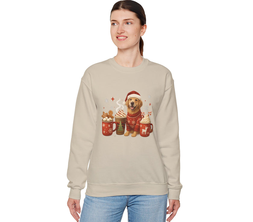 Woman wearing a beige sweatshirt with a dog and hot chocolate graphic on a white background
