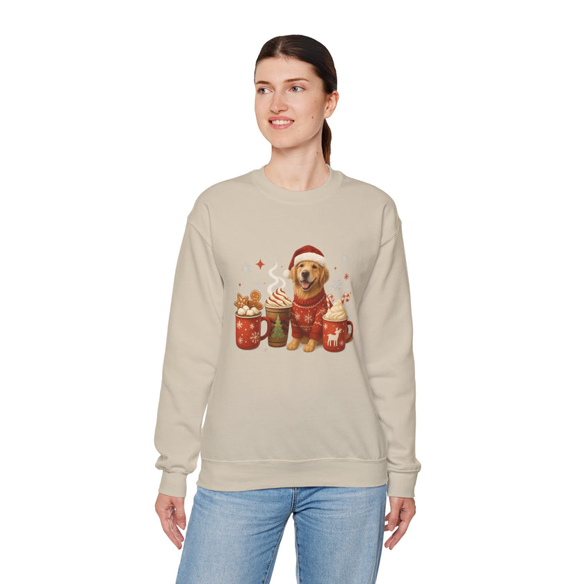 Woman wearing a beige sweatshirt with a dog and hot chocolate graphic on a white background