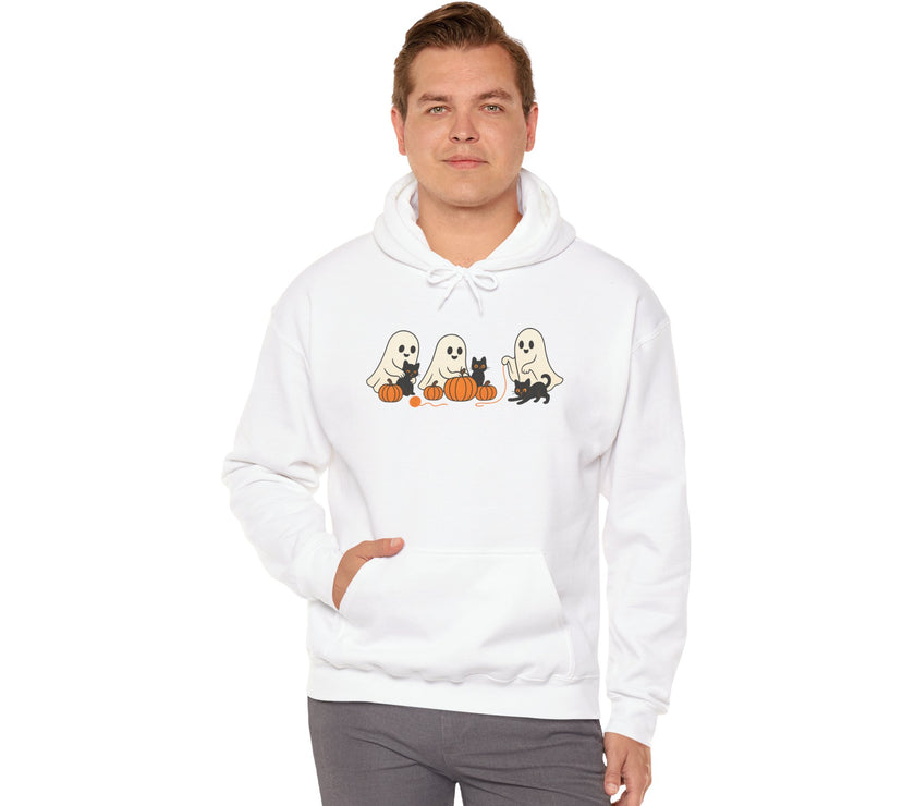 Man wearing a white hoodie with Halloween-themed design on a white background