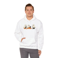 Man wearing a white hoodie with Halloween-themed design on a white background