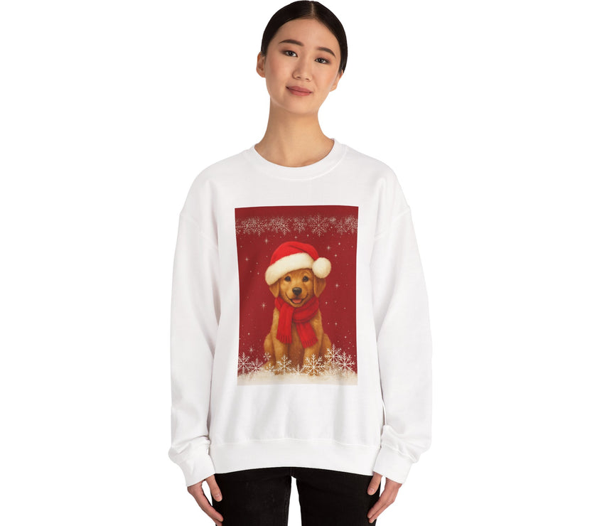 Person wearing a white sweatshirt with a Christmas-themed dog design on a white background