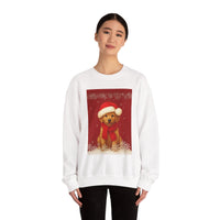 Person wearing a white sweatshirt with a Christmas-themed dog design on a white background