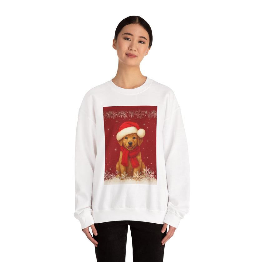 Person wearing a white sweatshirt with a Christmas-themed dog design on a white background