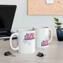 White ceramic mug with colorful #1 Dad and Happy Father’s Day message, accented with fireworks graphics, perfect for celebrating dads.