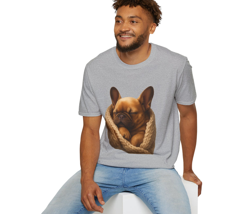 Man wearing a gray t-shirt with a dog graphic on a white background