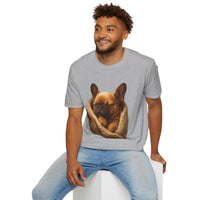 Man wearing a gray t-shirt with a dog graphic on a white background