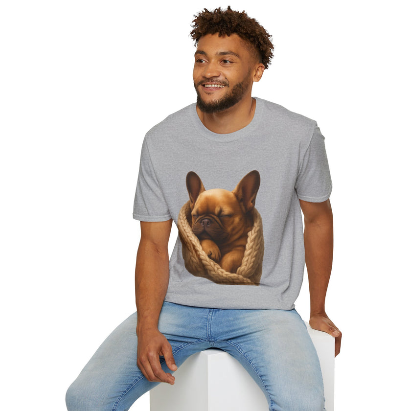 Man wearing a gray t-shirt with a dog graphic on a white background