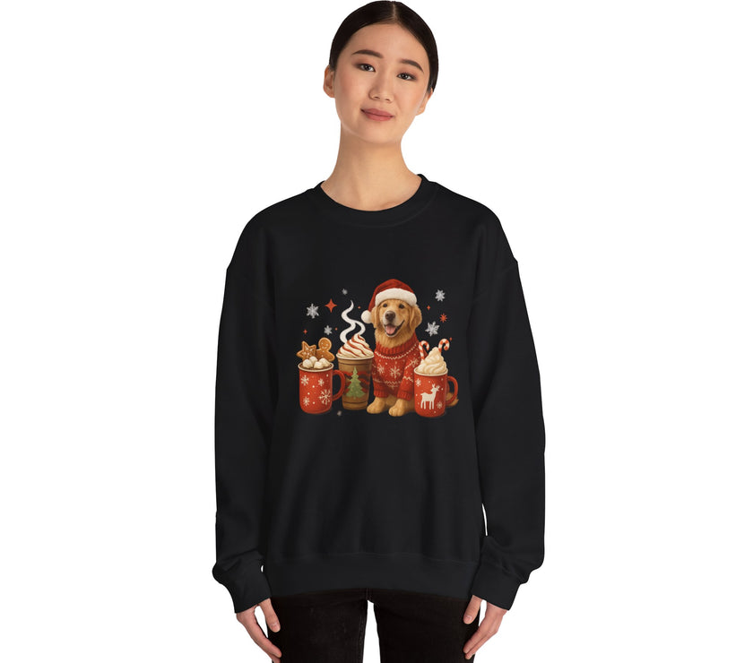 Black sweatshirt with a festive design of a dog in a sweater and hot chocolate, worn by a person on a white background.