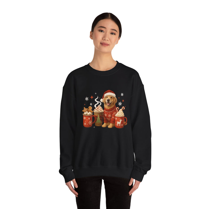 Black sweatshirt with a festive design of a dog in a sweater and hot chocolate, worn by a person on a white background.
