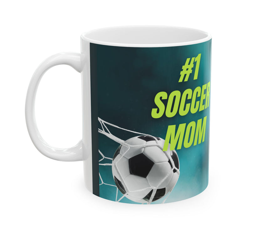 Mug with '#1 Soccer Mom' text and soccer ball design on a teal background
