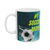 Mug with '#1 Soccer Mom' text and soccer ball design on a teal background