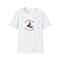 White adult T-shirt with a printed image of a dog and the humorous text 'Dumbbells? Belly Rubs?', designed for dog lovers and fitness enthusiasts.