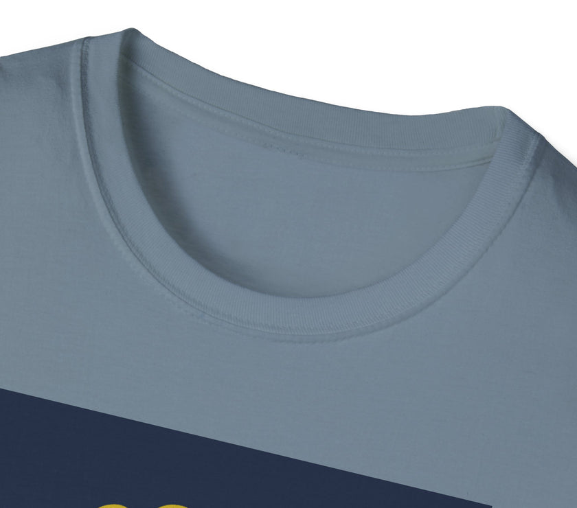 Close-up of a blue t-shirt with yellow text on a white background