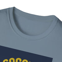 Close-up of a blue t-shirt with yellow text on a white background