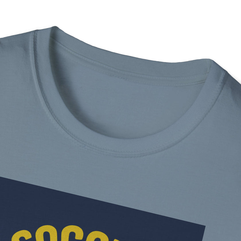 Close-up of a blue t-shirt with yellow text on a white background