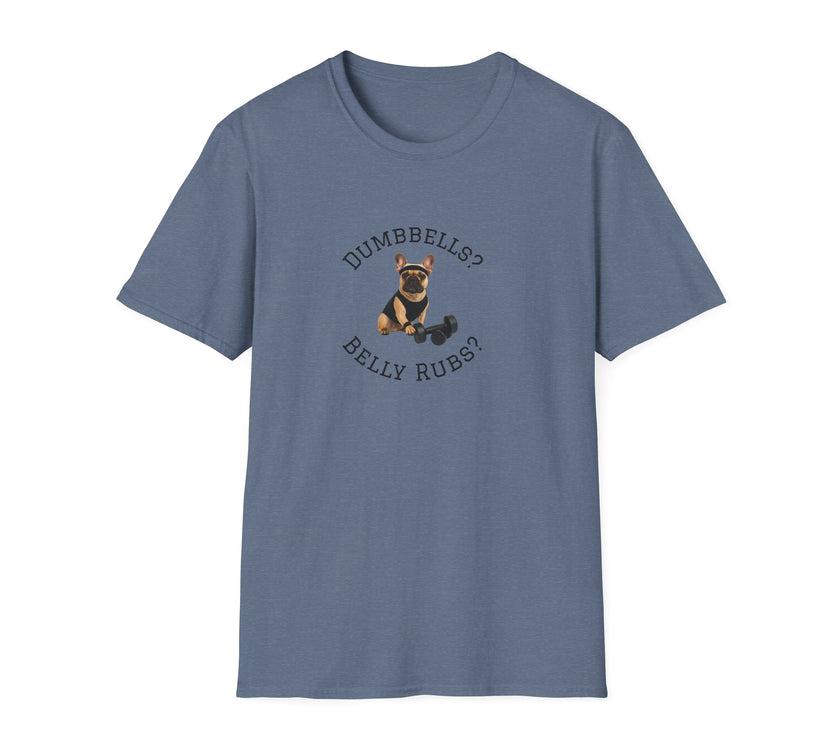 Blue t-shirt with a graphic of a dog and text on a white background