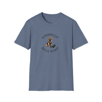 Blue t-shirt with a graphic of a dog and text on a white background