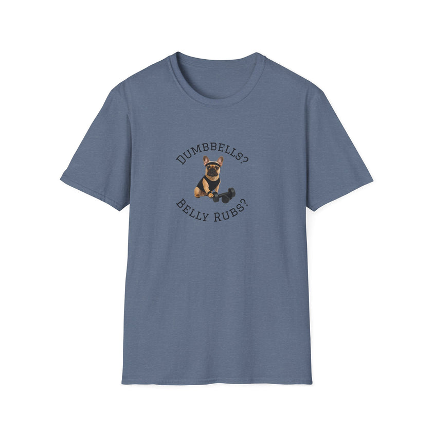 Blue t-shirt with a graphic of a dog and text on a white background
