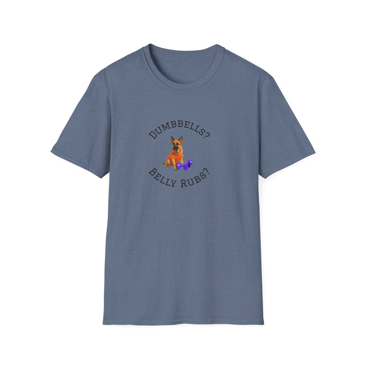 Blue t-shirt with a dog graphic and text on a white background