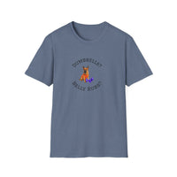 Blue t-shirt with a dog graphic and text on a white background