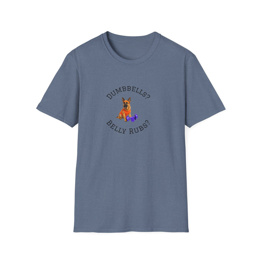 Blue t-shirt with a dog graphic and text on a white background