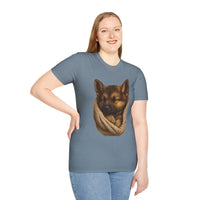 Person wearing a gray t-shirt with a graphic of a dog in a knitted pouch on a white background