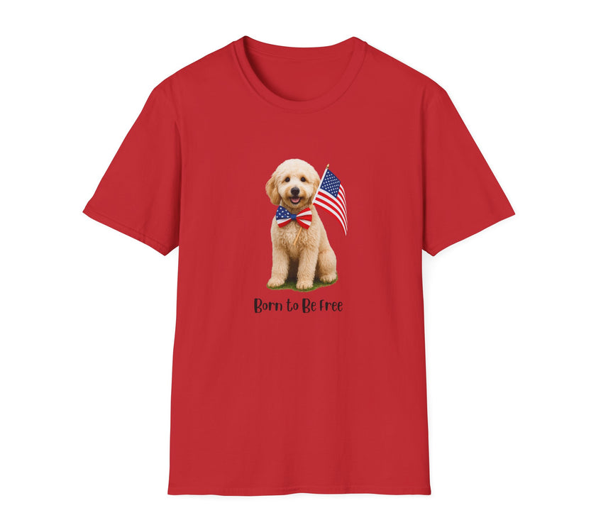 T-shirt featuring a cute golden doodle puppy wearing an American flag bow tie and holding a small U.S. flag, with the phrase 'Born to Be Free' printed below the image.