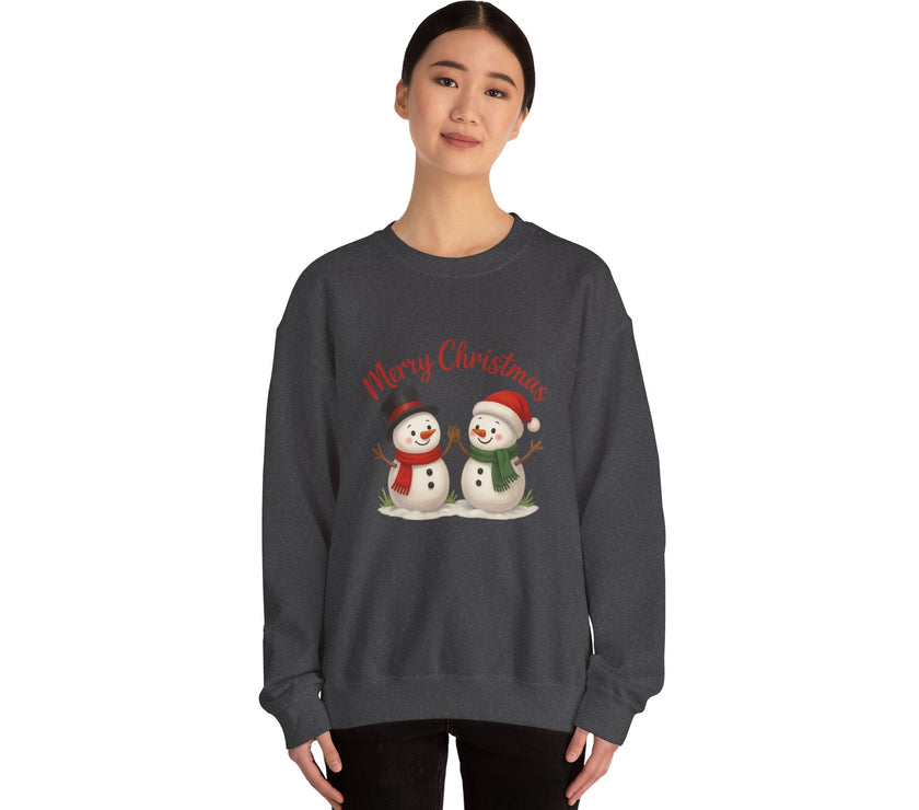 Person wearing a dark gray sweatshirt with Christmas-themed design on a white background