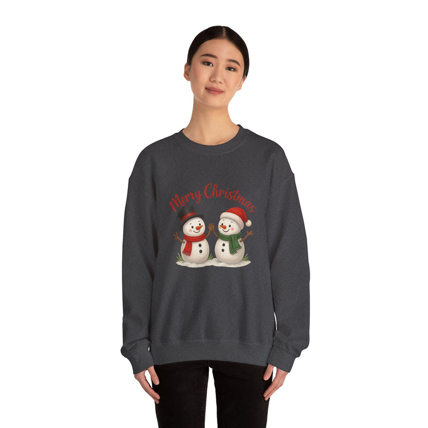 Person wearing a dark gray sweatshirt with Christmas-themed design on a white background