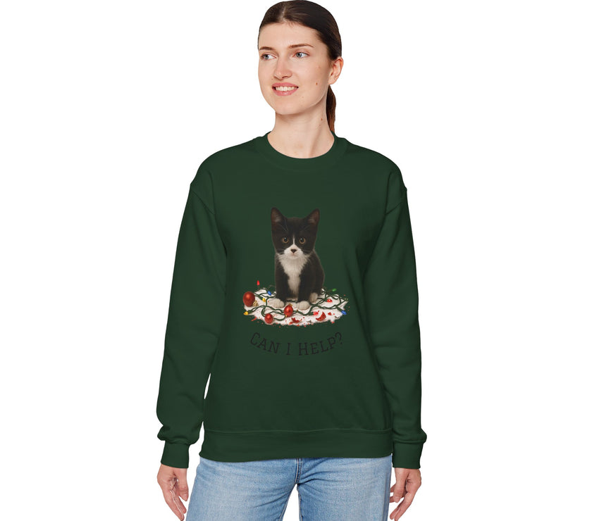 Person wearing a green sweatshirt with a cat graphic and text on a white background