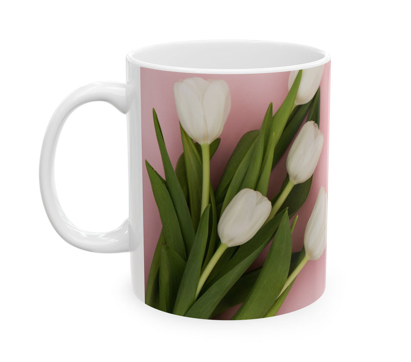 Mother’s Day Mug with Tulip Design – “All That I Am I Owe to My Mother”