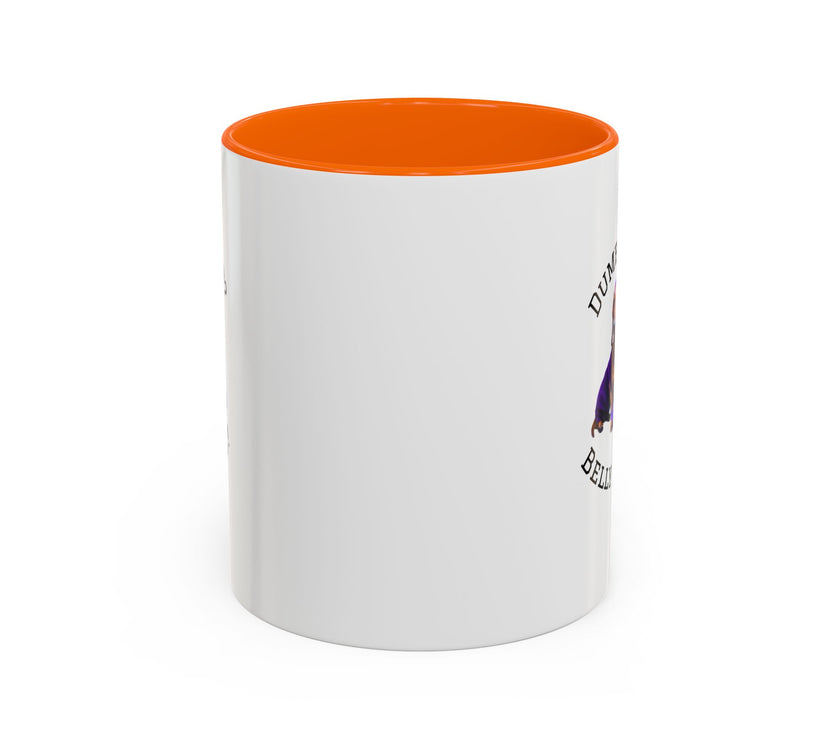 Two tone ceramic mug featuring a dachshund next to dumbbells and the humorous text 'Dumbbells? Belly Rubs?', designed for dog lovers and fitness enthusiasts.
